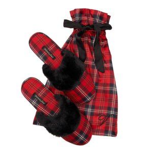 VICTORIA'S SECRET Signature Plaid Satin & Faux Fur Closed Toe Slippers Sz M 7/8